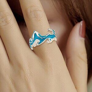 Unique 925 Silver and Enamel Open Adjustable Ring - Waves, swirly, blue, ocean
